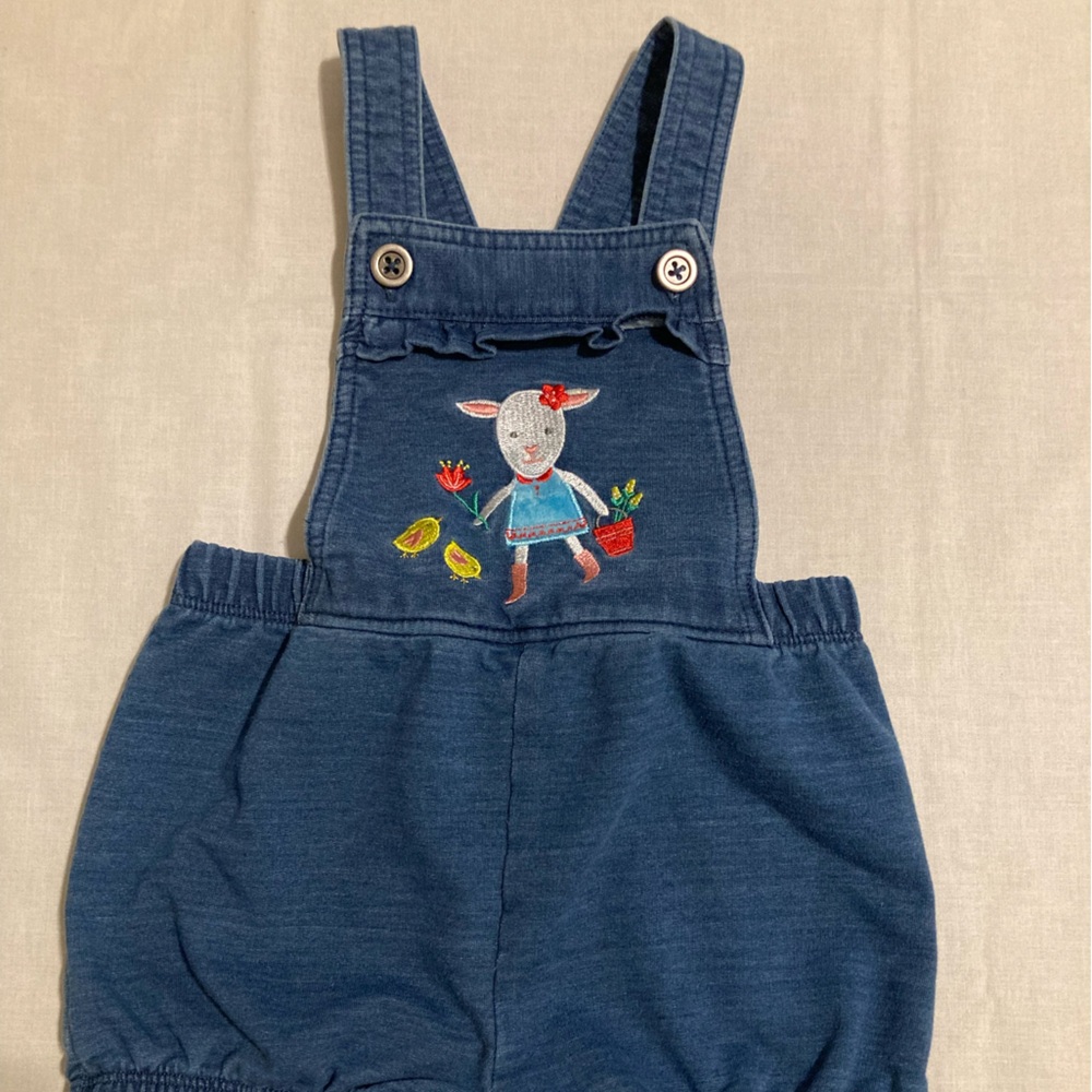 John Deere Girl Short Overalls Soft Denim Size 6/9 Months Farm Cowgirls Sheep